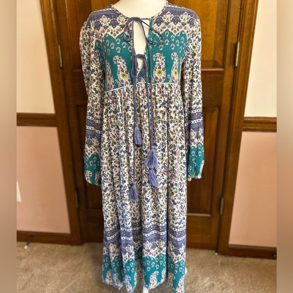 R.Vivimos | Boho Long Sleeve Floral Print Retro V Neck Tassel Midi Dress small - Picture 5 of 9